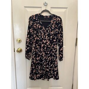 White House Black Market Floral Long Sleeve Fit and Flare Dress Navy Pink Blue